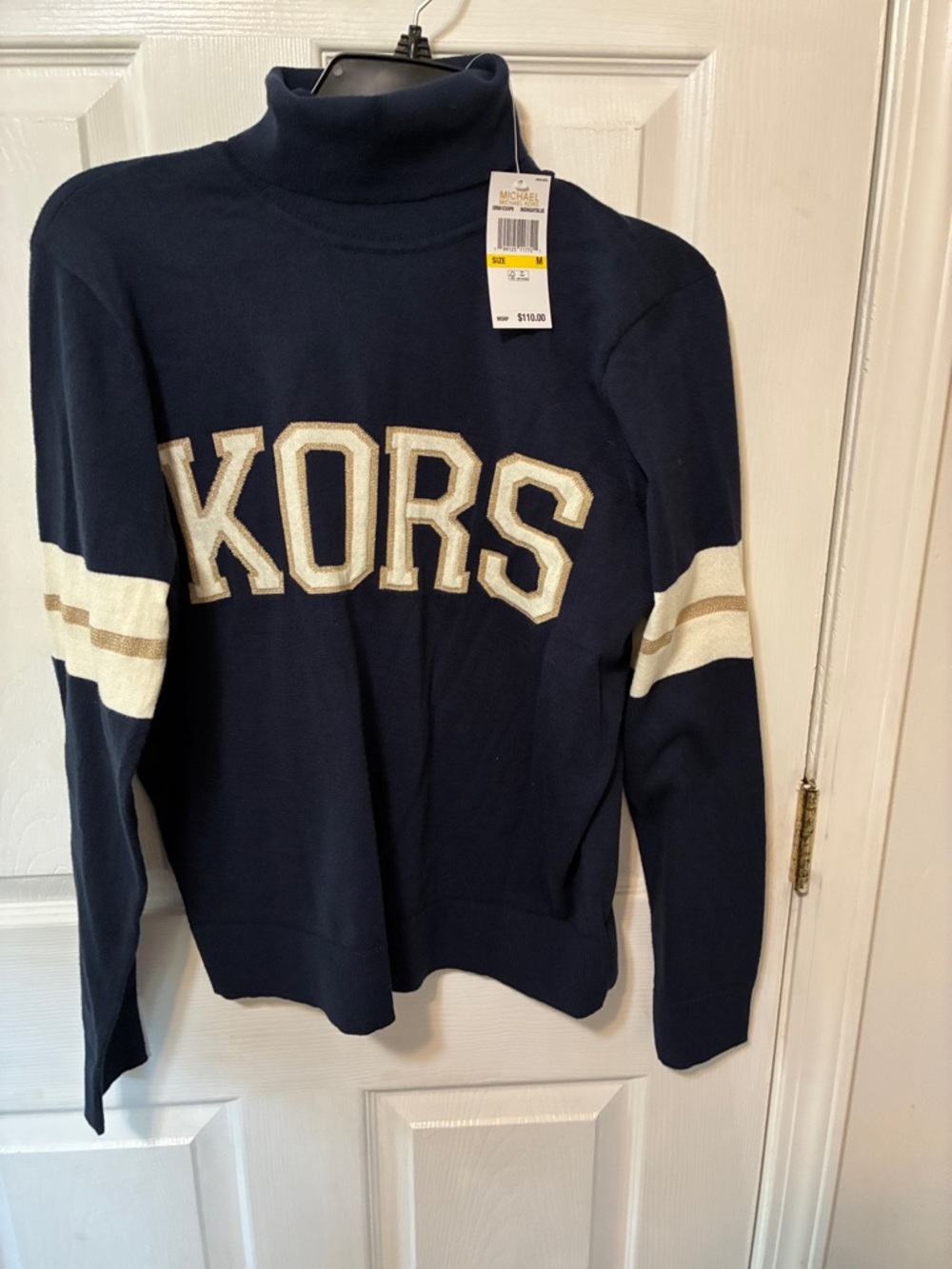 Michael Kors Navy Turtleneck Sweater with Cream & Gold Stripe Accents